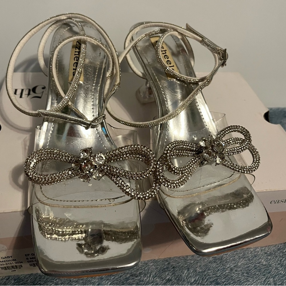 Silver Embellished Bow Block Heel Sandals for Women